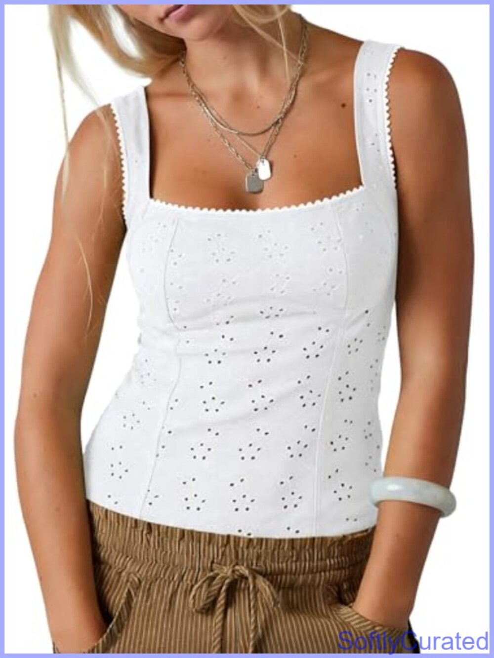 Eyelet Embroidered Backless Square Neck Tank Top Sleeveless Camisole